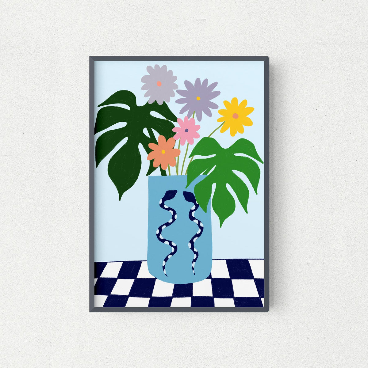 Blue Checks Floral Vase